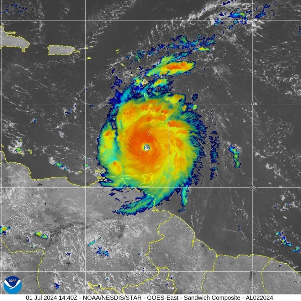 Hurricane Beryl, a dangerous Category 4 storm with sustained winds of 150 mph, makes an initial landfall on Carriacou, one of the Grenadine Islands, just after 11 a.m. on July 1, 2024.