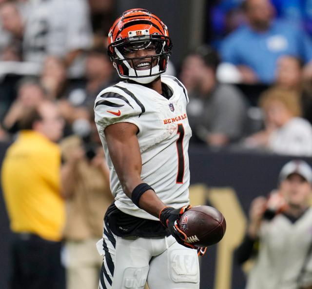 Cincinnati Bengals wide receiver Ja'Marr Chase (1) celebrates