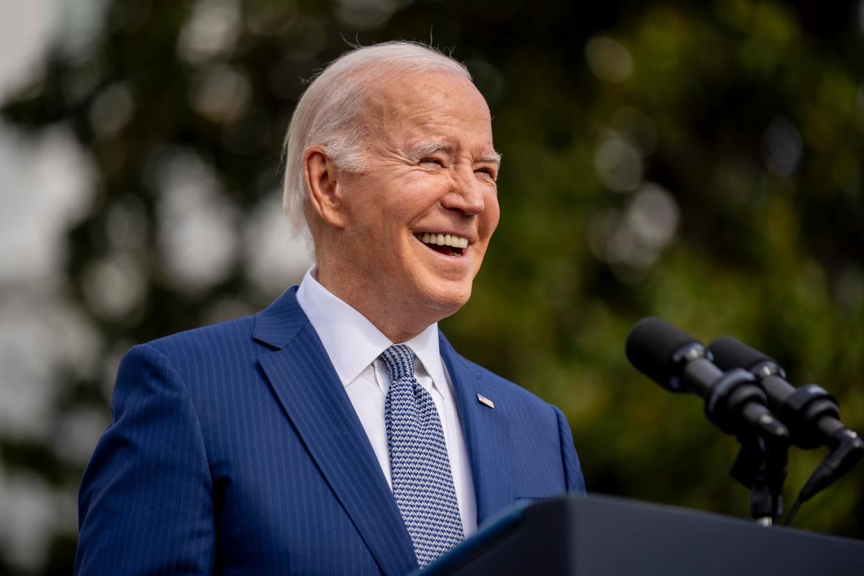 President Joe Biden speaks before pardoning the national Thanksgiving turkeys, Liberty and Bell, at a ceremony on the South Lawn of the White House in Washington, Monday, Nov. 20, 2023.