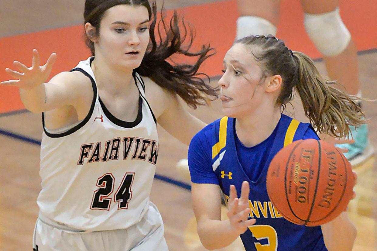 Fairview High School senior Jenn Hunter, left, guards Greenville junior Reese Schaller during a PIAA District 10 Class 3A semifinal on March 2, 2022, inside the Joann Mullen Gymnasium at the Hagerty Family Events Center in Erie. Greenville won 46-38.