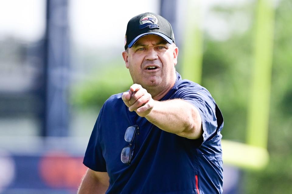 Jul 26, 2023; Foxborough, MA, USA; New England Patriots offensive coordinator/quarterbacks coach Bill O'Brien directs the office on a drill during training camp at Gillette Stadium. Mandatory Credit: Eric Canha-USA TODAY Sports