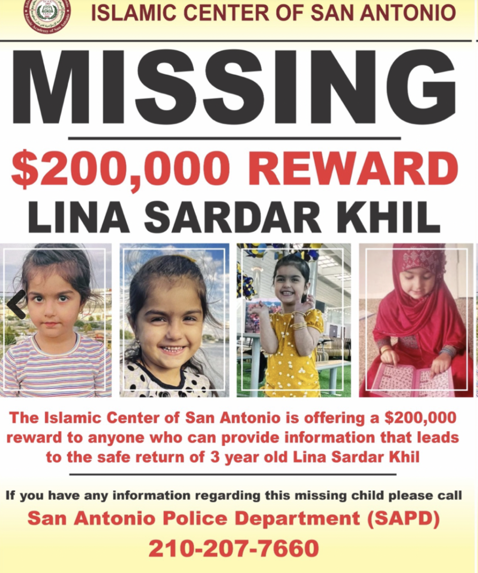 A $250,000 reward from the San Antonio Islamic Center and Crime Stoppers is being offered for Lina Sardar Khil’s safe return (Islamic Center of San Antonio)