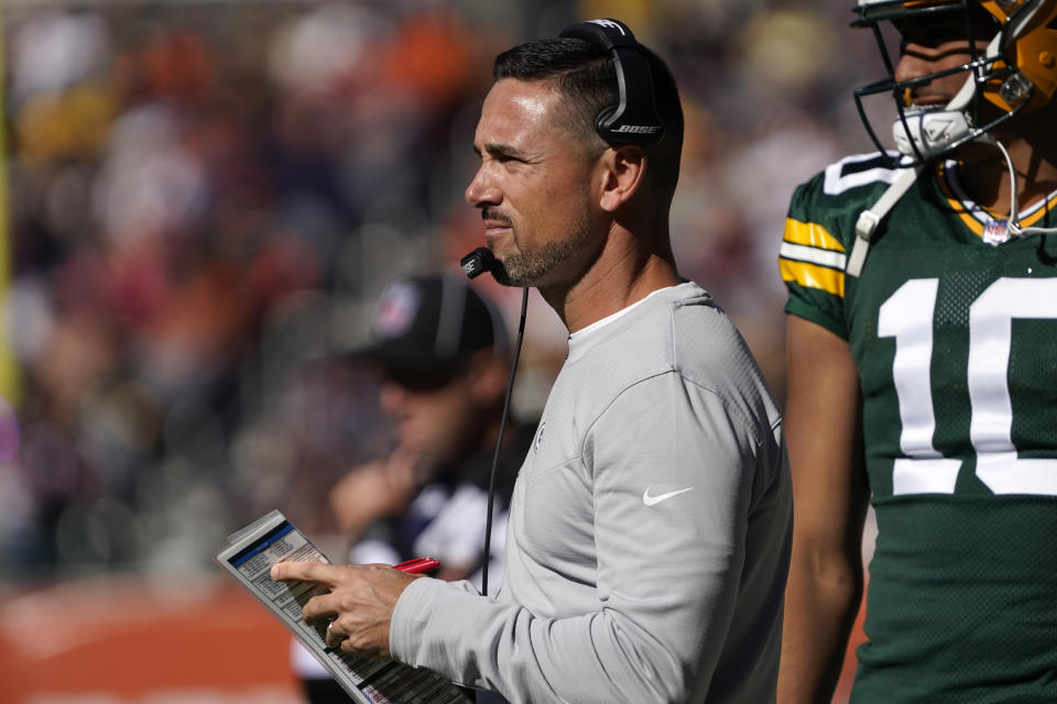 Green Bay Packers head coach Matt LaFleur watches from the sidelines during the second half of an NFL football game against the Chicago Bears Sunday, Oct. 17, 2021, in Chicago. (AP Photo/David Banks)