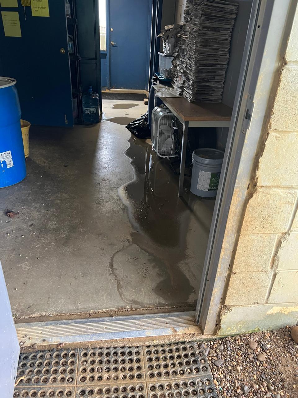 Due to a leaky roof and faulty drainage water puddles on the floor of the Guernsey County Dog Shelter.