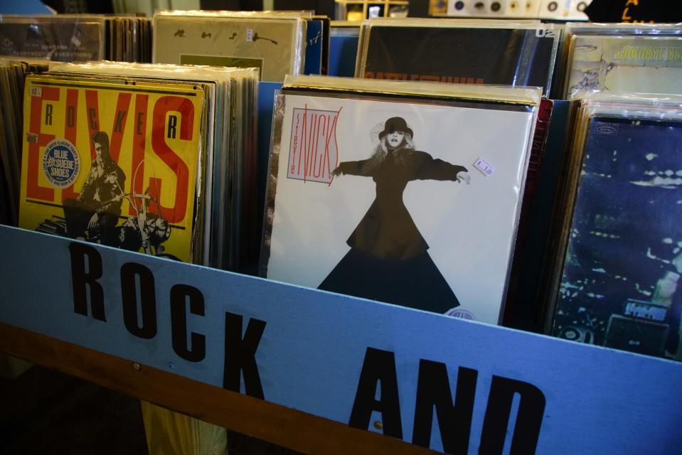 Albums for sale at Squeeze Box Records, a vintage vinyl record store in Wilmington.