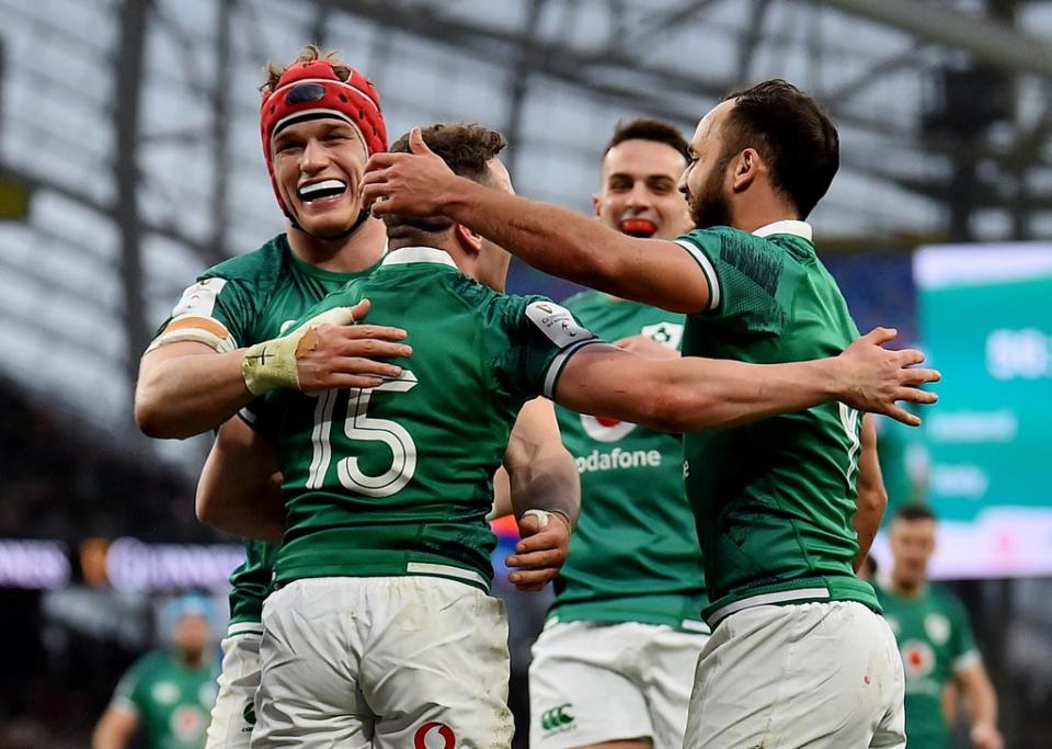 Ireland's Michael Lowry celebrates scoring their sixth try  (REUTERS)