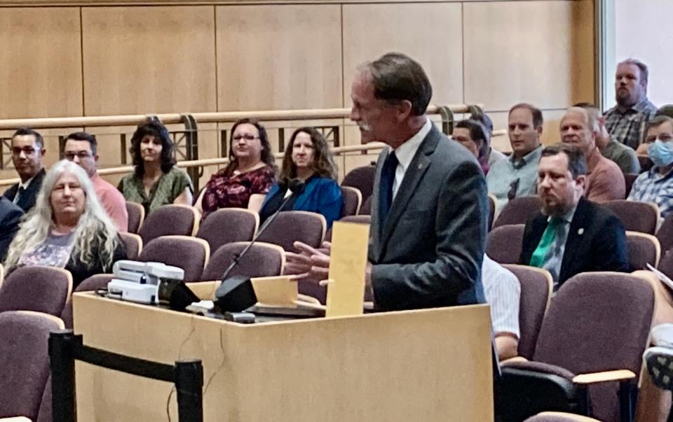 Shasta County Public Works Director Patrick Minturn addresses the Board of Supervisors after he was recognized for his 30 years of service at the May 17, 2022, meeting. Minturn is expected to be appointed acting county CEO on June 14.