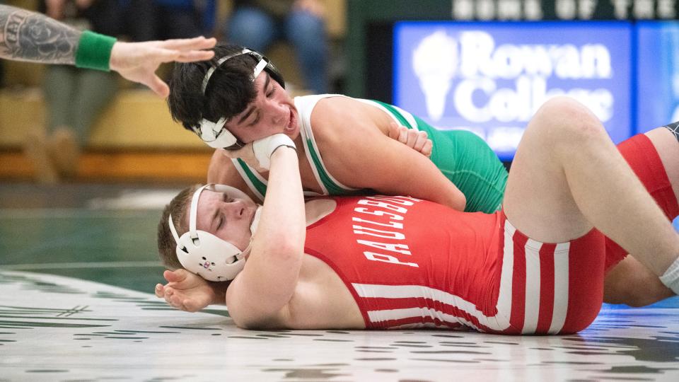 West Deptford's Nick Graziano controls Paulsboro's Luke Metz during the 175 lb. bout of the wrestling meet held at West Deptford High School on Thursday, January 4, 2024. Graziano won the bout by pinning Metz.