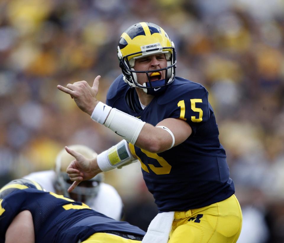 Michigan QB Ryan Mallett yells out instructions at the line of scrimmage in the first half of their 38-0 win over Notre Dame on Saturday, Sept. 15, 2007, in Ann Arbor.