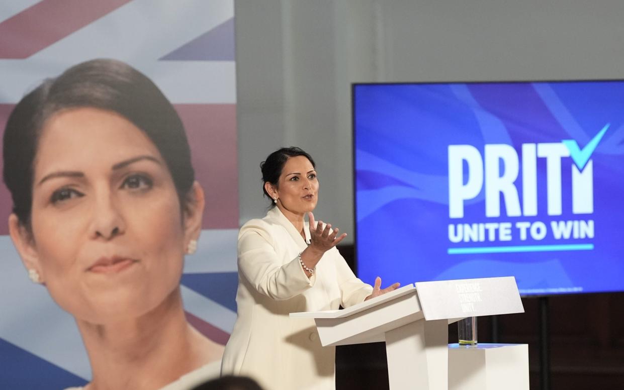 Dame Priti Patel delivers a speech today in central London