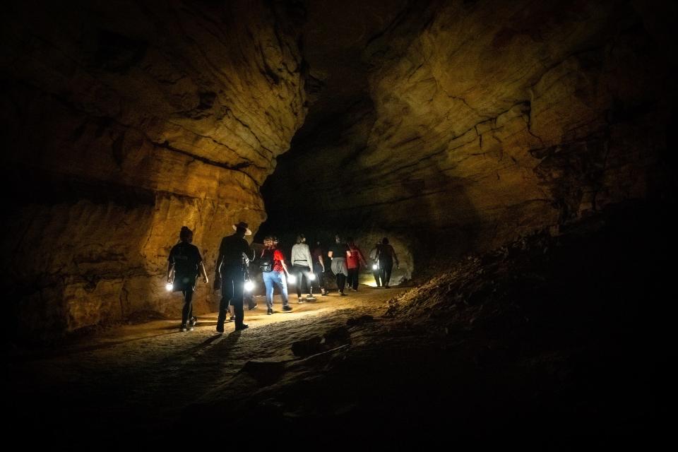 Visitors can tour Great Onyx Cave, which is separate from Mammoth Cave, by lantern.