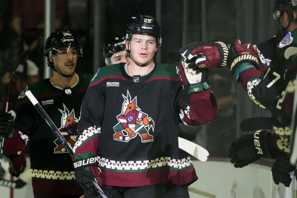 Arizona Coyotes center Barrett Hayton (29) celebrates his goal against the Seattle Kraken during the second period of an NHL hockey game Tuesday, Nov. 7, 2023, in Tempe, Ariz. (AP Photo/Ross D. Franklin)