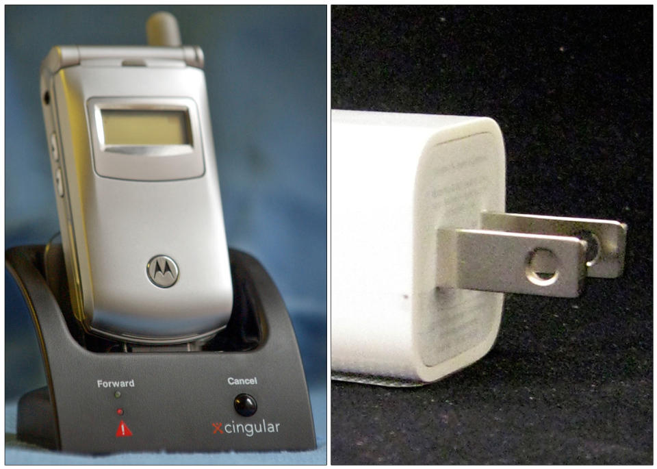 FILE -This combination of Associated Press file photos shows, left, a Cingular "Fast Forward" cradle and Motorola mobile phone in New York on Tuesday Nov. 4, 2003, and an Apple ultracompact USB Power Adapter, on Friday, Sept. 19, 2008, in New York. The average amount of electricity consumed by U.S. homes in 2013 is on track to fall for the third year in a row, to its lowest level since 2001. While we are using more devices, more efficient phone and computer chargers are part of what has changed since the last time power consumption was so low. (AP Photo/File)