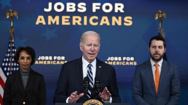 PHOTO: President Joe Biden speaks about the January 2023 jobs report in the Eisenhower Executive Office Building, next to the White House in Washington, Feb. 3, 2023. US job gains surged unexpectedly last month. (Jim Watson/AFP via Getty Images)