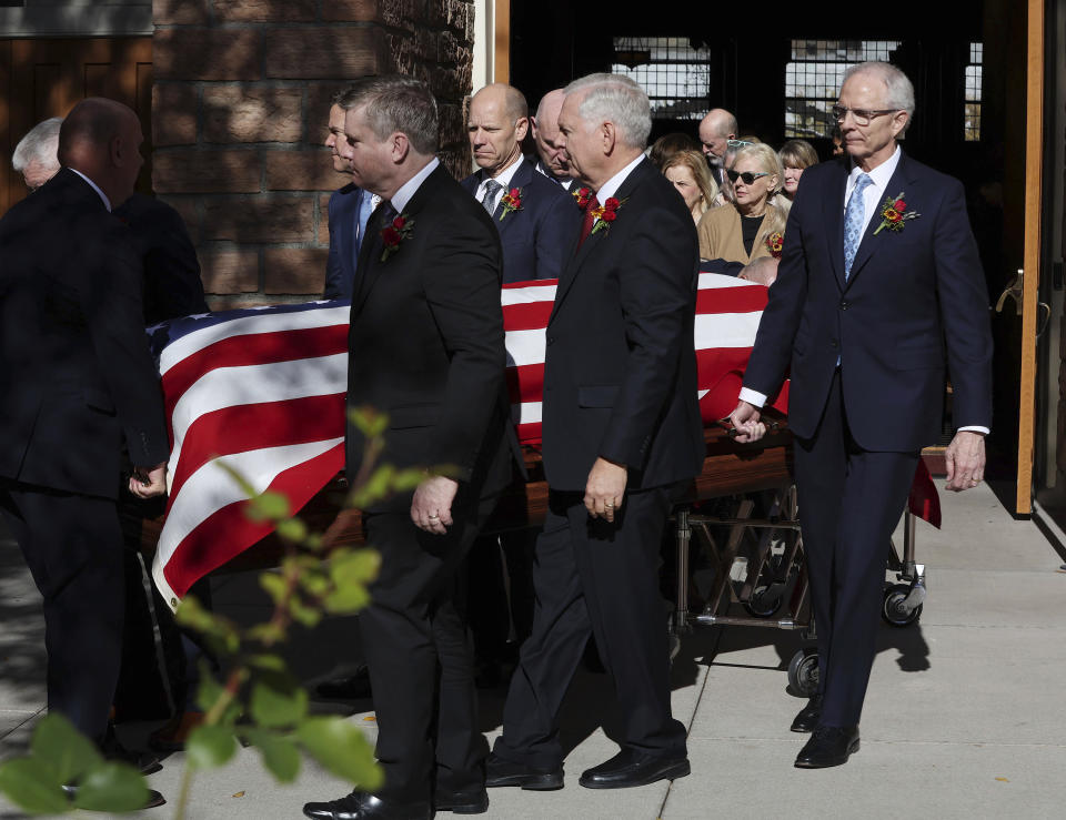 The casket is carried during the funeral for President M. Russell Ballard of The Church of Jesus Christ of Latter-day Saints at the Tabernacle in Salt Lake City, Friday, Nov. 17, 2023. Associates and children of a top leader of The Church of Jesus Christ of Latter-day Saints remembered him at the funeral as a principled and compassionate man and exemplar of the faith. Ballard, who died Sunday at age 95, was second-in-line to the church presidency as the second-longest-tenured member of a top governing body called the Quorum of the Twelve Apostles. (Jeffrey D. Allred/The Deseret News via AP)