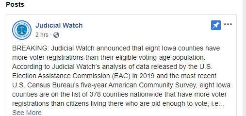 Iowa Secretary of State said Judicial Watch's social media posts about Iowa voter registrations were wrong.