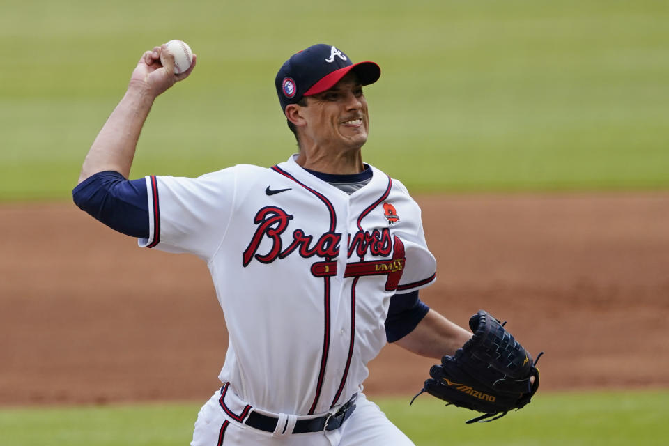 Atlanta Braves starting pitcher Charlie Morton delivers in the first Inning of a baseball game against the Washington Nationals, Monday, May 31, 2021, in Atlanta. (AP Photo/John Bazemore)