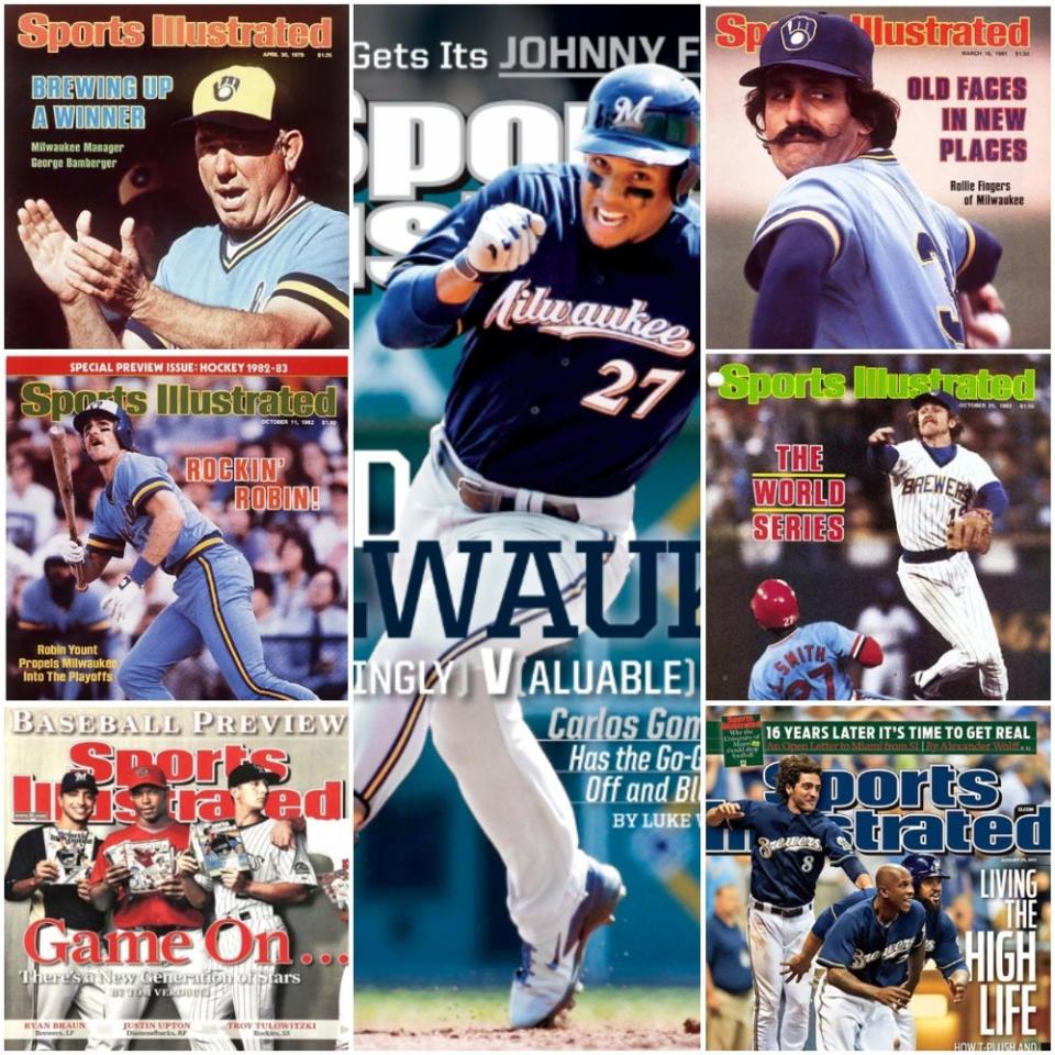 Brewers on the cover of Sports Illustrated have included (clockwise from upper left) George Bamberger, Carlos Gomez, Rollie Fingers, Robin Yount, Braun with Nyjer Morgan and Prince Fielder, Braun with Arizona's Justin Upton and Colorado's Troy Tulowitzki and Yount again.