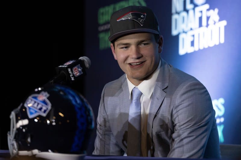 New England Patriots draft pick Drake Maye speaks to reporters at the 2024 NFL Draft on Thursday in Detroit. Photo by Rena Laverty/UPI