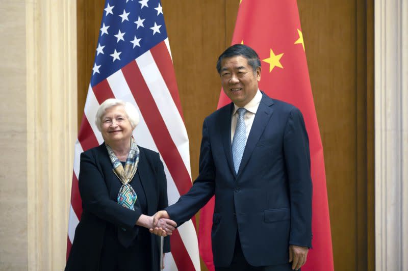 U.S. Treasury Secretary Janet Yellen (L) shakes hands with Chinese Vice Premier He Lifeng during a meeting in Beijing on July 8. File Pool Photo by Mark Schiefelbein/EPA-EFE