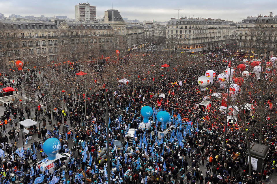 A general view of Place de la Republique as protesters attend a day of national strike and protests in Paris, Jan. 19.<span class="copyright">Bart Biesemans—Reuters</span>