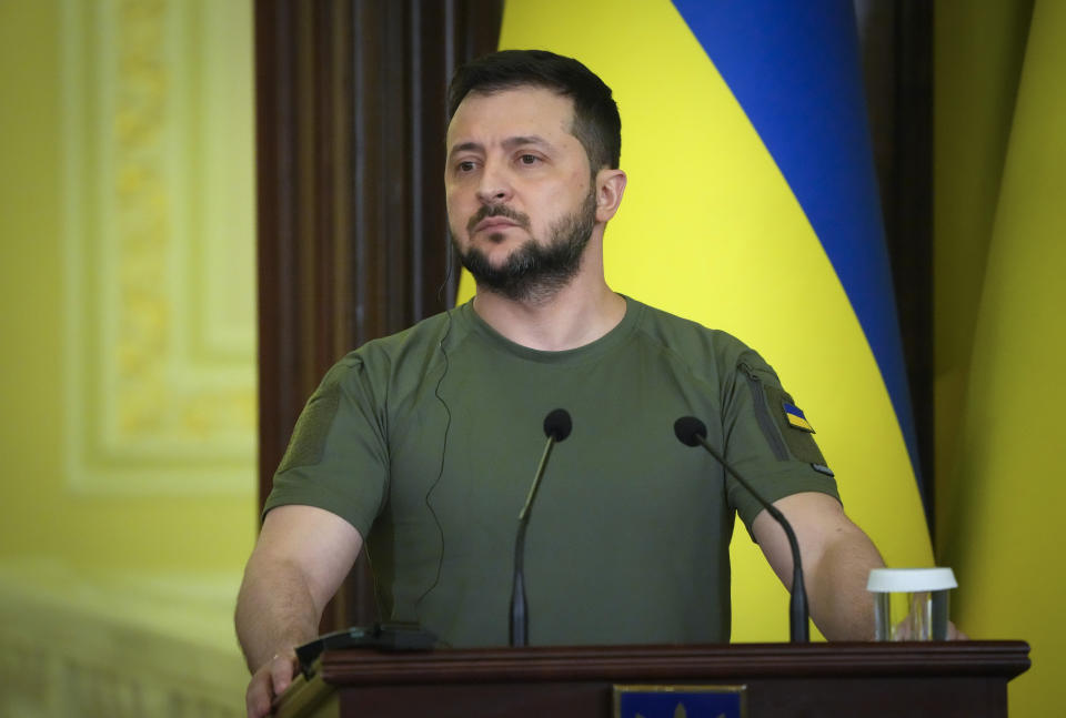 Ukraine's President Volodymyr Zelenskyy speaks during a joint news conference with International Atomic Energy Agency (IAEA) Director General Rafael Grossi in Kyiv, Ukraine, Tuesday, April 26, 2022. (AP Photo/Efrem Lukatsky)