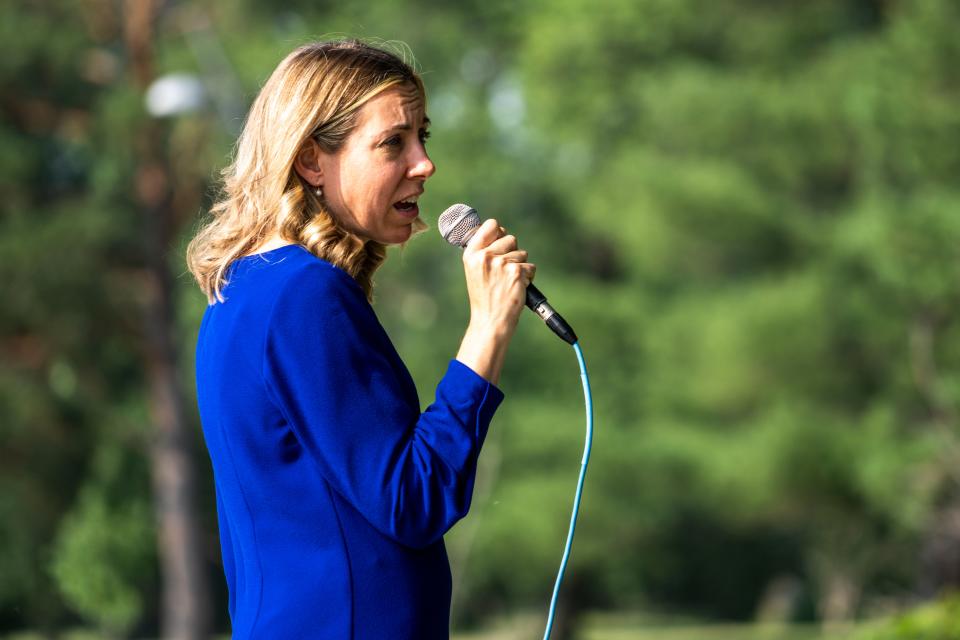 Sen. Sarah Trone Garriott speaks during a celebration rally at the Des Moines Biergarten at Water Works Park on Friday, June 16, 2023, in Des Moines.