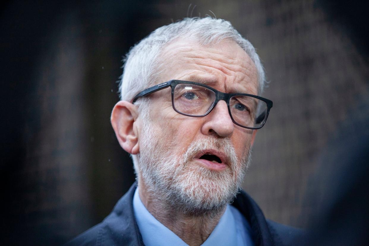 Labour party leader Jeremy Corbyn speaks to the media on the coronavirus pandemic outside the Finsbury Park Jobcentre, north London, on 15 March 2020: PA