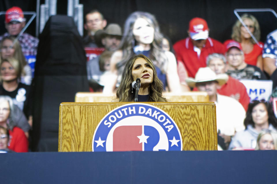 Gov. Kristi Noem speaks at the South Dakota Republican Party Monumental Leaders rally Friday, Sept. 8, 2023, in Rapid City, S.D. (AP Photo/Toby Brusseau)