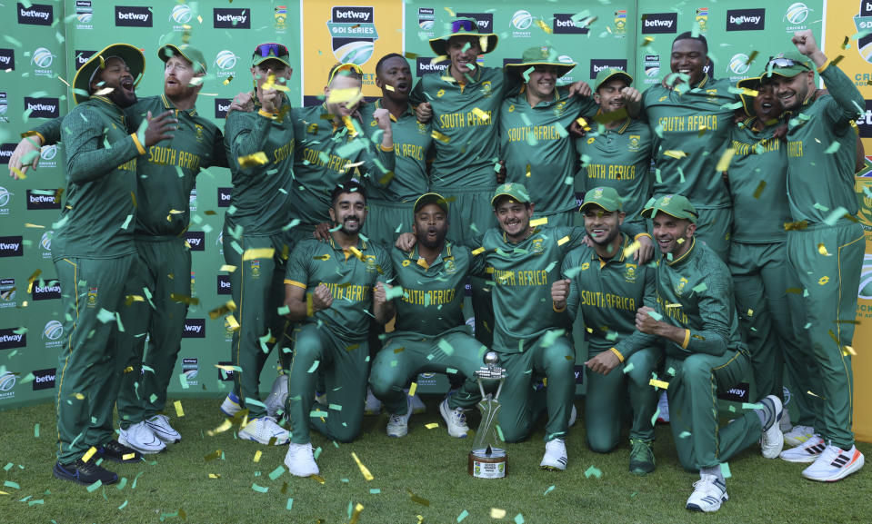 South Africa cricket team celebrates their 3-2 series wine against Australia at the Wanderers Stadium in Johannesburg, South Africa, Sunday, Sept. 17, 2023. (AP Photo)