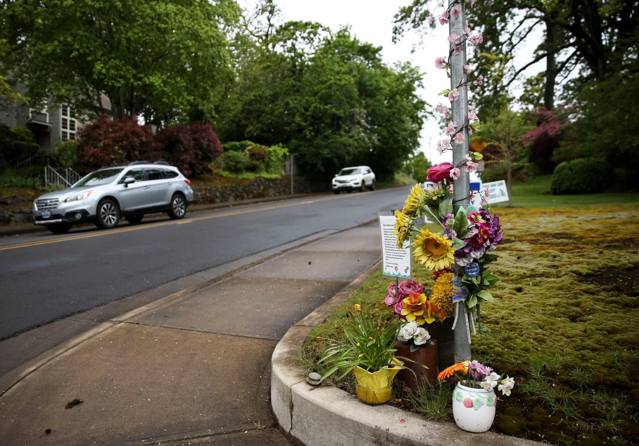 A memorial near High Street and Leslie Street SE, the intersection where 53-year-old Marganne Allen was struck by a DEA agent in a truck while she  was riding her bicycle on March 28, 2023.