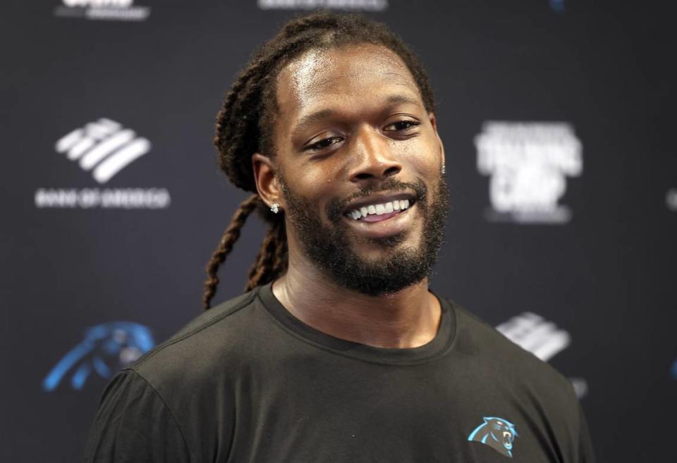 Carolina Panthers linebacker Jadeveon Clowney smiles as he listens to a reporter’s question during a press conference on Tuesday, July 23, 2024 at Bank of America Stadium in Charlotte, NC. The team is hosting training camp in Charlotte, NC this year after leaving Spartanburg, SC.