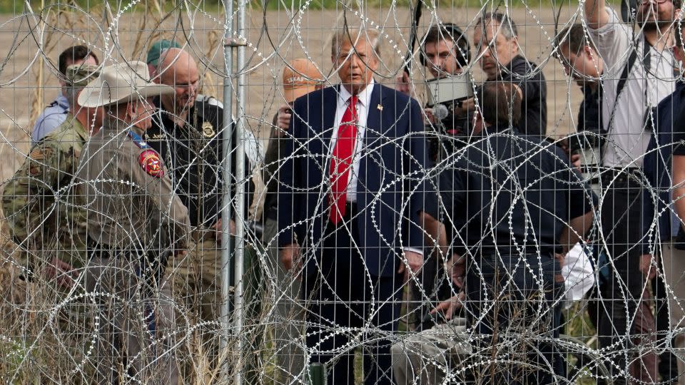 Former President Donald Trump visits the US-Mexico border at Eagle Pass, Texas, as seen from Piedras Negras, Mexico, on February 29.  - Go Nakamura/Reuters