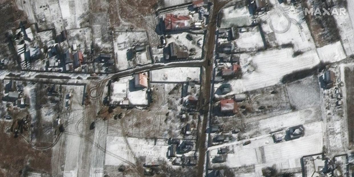 Troops and military vehicles deployed in Ozera, northeast of Antonov Airport.