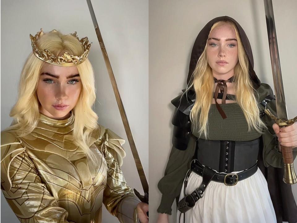 A side-by-side of a blond woman in armor and wearing a hood. She carries a sword in both.