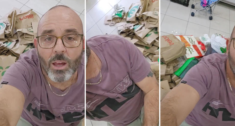 Troy Holmes stands in front of a pile of his reusable bags in stills from a TikTok.