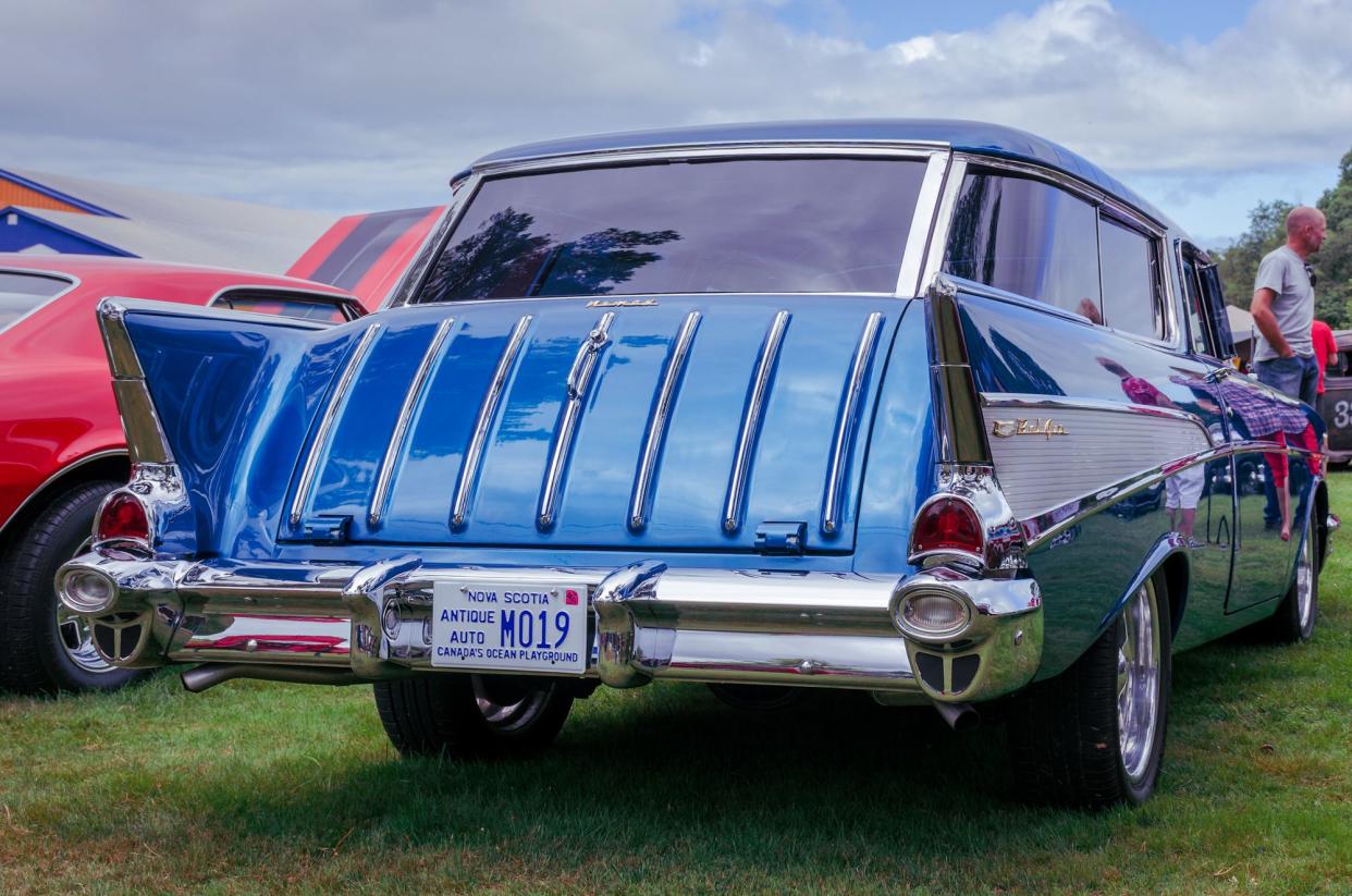 Kingston, Nova Scotia, Canada-August 24, 2019: Rear view of 1957 Chevy Nomad station wagon at Autos for Autism Show & Shine in Annapolis Valley region of Nova Scotia. "