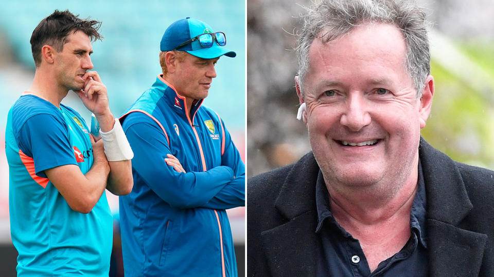 On the right is Piers Morgan, with Aussie cricket captain Pat Cummins and coach Andrew McDonald on the left.