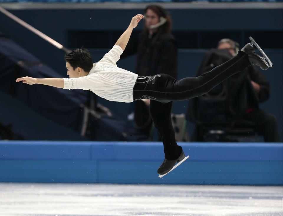 Denis Ten of Kazakhstan competes in the men's free skate figure skating final at the Iceberg Skating Palace during the 2014 Winter Olympics, Friday, Feb. 14, 2014, in Sochi, Russia. (AP Photo/Ivan Sekretarev)