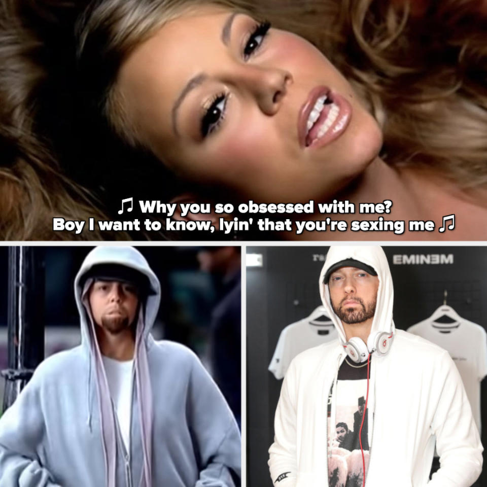 Mariah Carey singing: "Why you so obsessed with me? Boy I want to know, lyin' that you're sexing me;" Carey dressed as Eminem in the "Obsessed" music video; Eminem dressed in a hoodie at an entertainment event