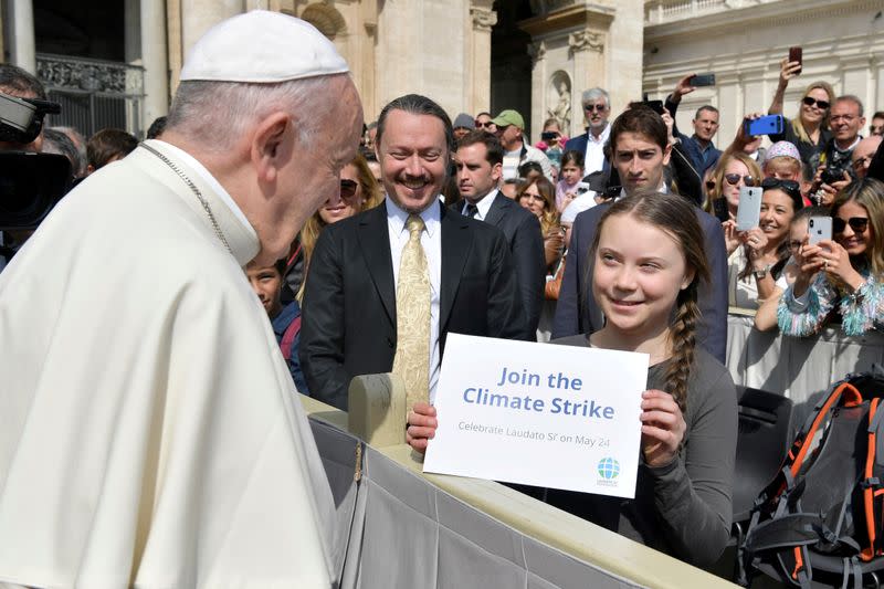 Climate activist Swedish teenager Greta Thunberg meets Pope Francis during the weekly audience at Saint Peter's Square at the Vatican