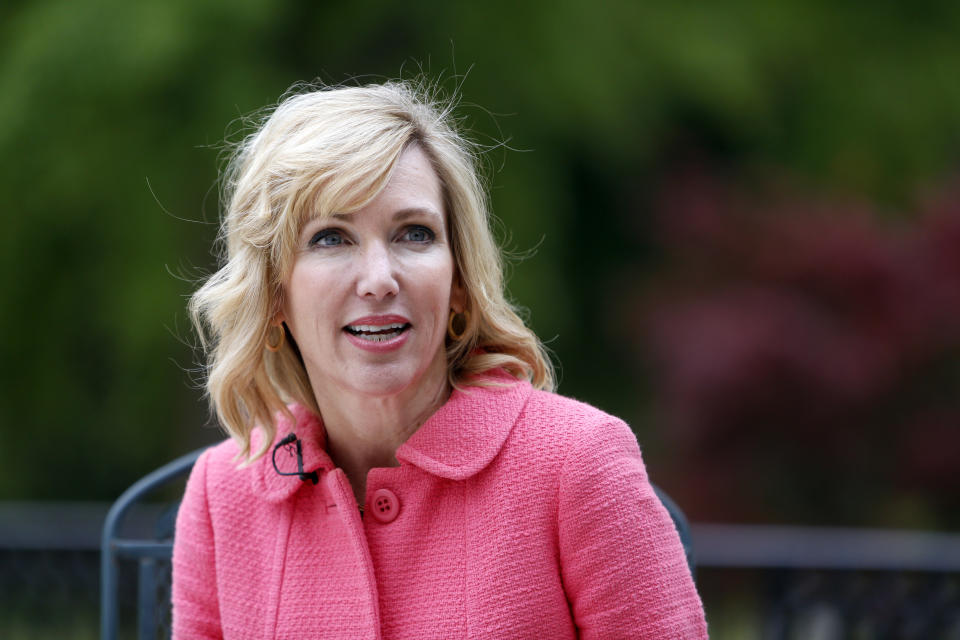 FILE - In this April 16, 2015, file photo Kelley Paul, wife of Sen. Rand Paul, R-Ky., speaks during an interview with The Associated Press on the campus of The Citadel in Charleston, S.C. Rand Paul waited more than a year to disclosure that his wife purchased stock in a company that makes a COVID-19 treatment, an investment made after Congress was briefed on the threat of the virus but before the public was largely aware of its danger. (AP Photo/Mic Smith, File)