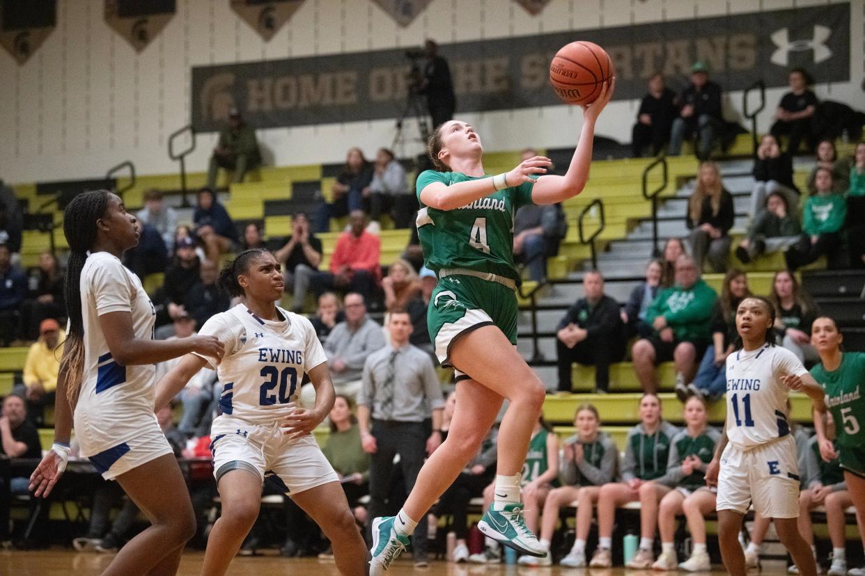 Mainland's Kasey Bretones puts up a shot during the state Group 3 girls basketball semifinal playoff game between Mainland and Ewing played at Deptford High School on Wednesday, March 6, 2024.