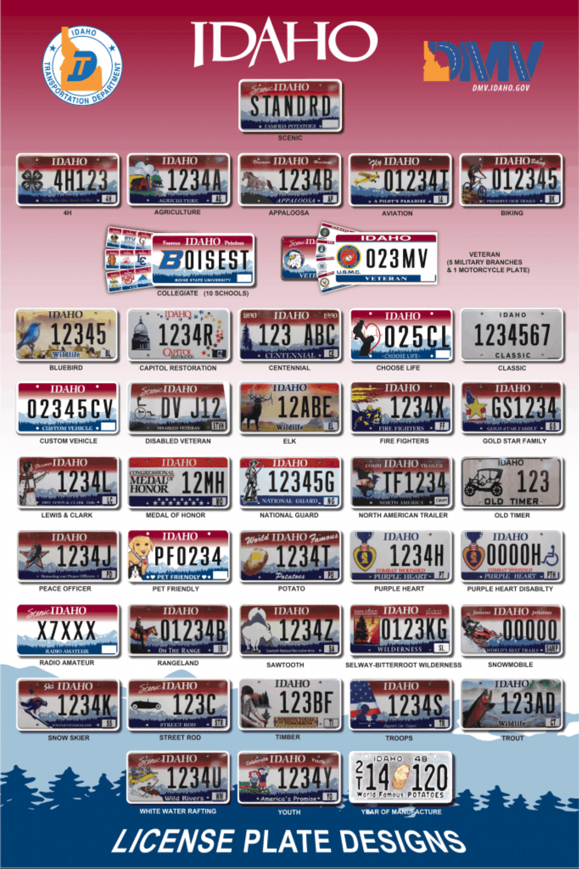 The different styles of license plates available in Idaho.