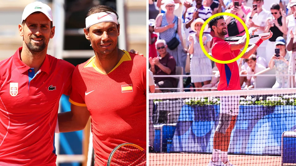 Rafa and Novak Djokovic embrace and Djokovic gestures after winning.