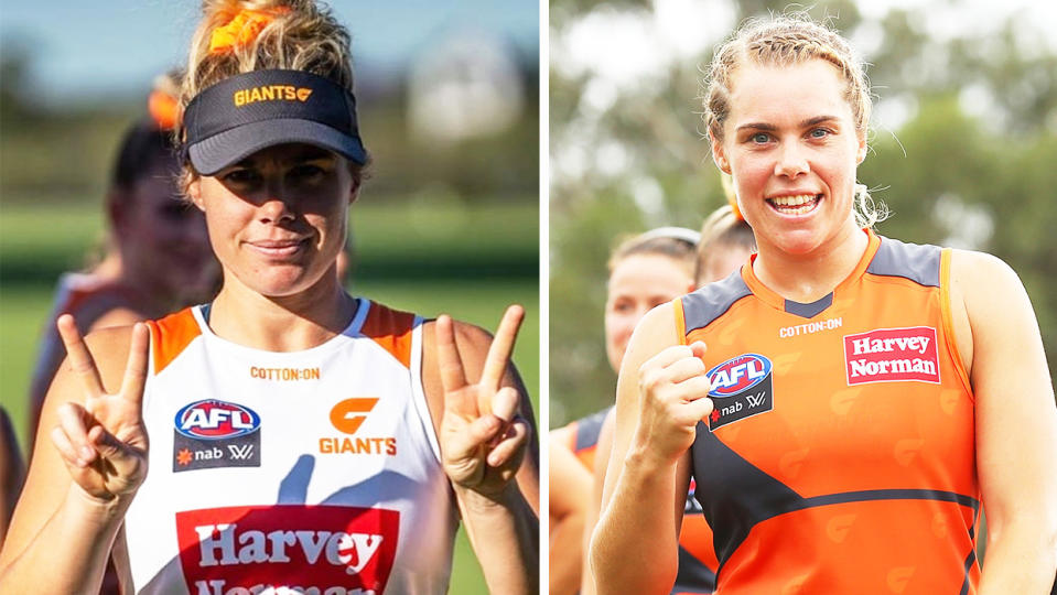 AFLW star Jacinda Barclay (pictured left) giving the peace sign and (pictured right) celebrating.