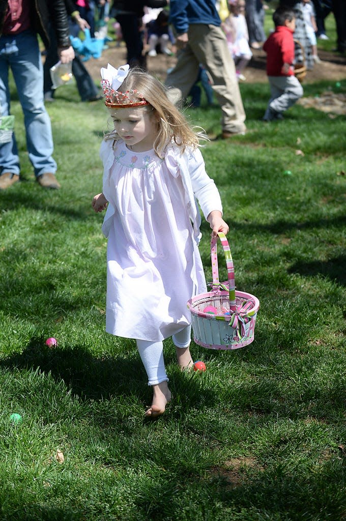 Amelia Green, 4, of Greenville, S.C., hunts for eggs. Wofford College in Spartanburg, S.C., held its Annual Easter Egg hunt called, EggStravaganza, on the lawn in the center of the campus on Sunday, March 29, 2015.