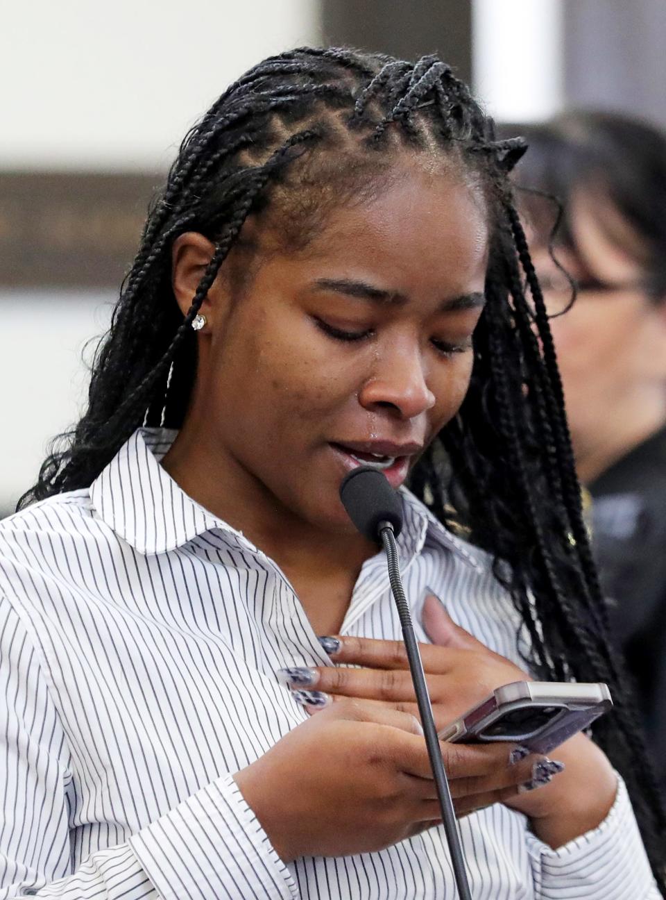 Tears stream down Teasijah Rogers’ face as she gives her statement Thursday during Jason Turkovich’s sentencing in Judge Kathryn Michael’s courtroom at the Summit County Courthouse.