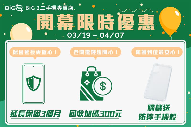 慶BIG 2開幕，購機就可以獲得保固延長和專屬防摔保護殼，成功回收再加碼300元購物金。（圖／品牌業者提供）