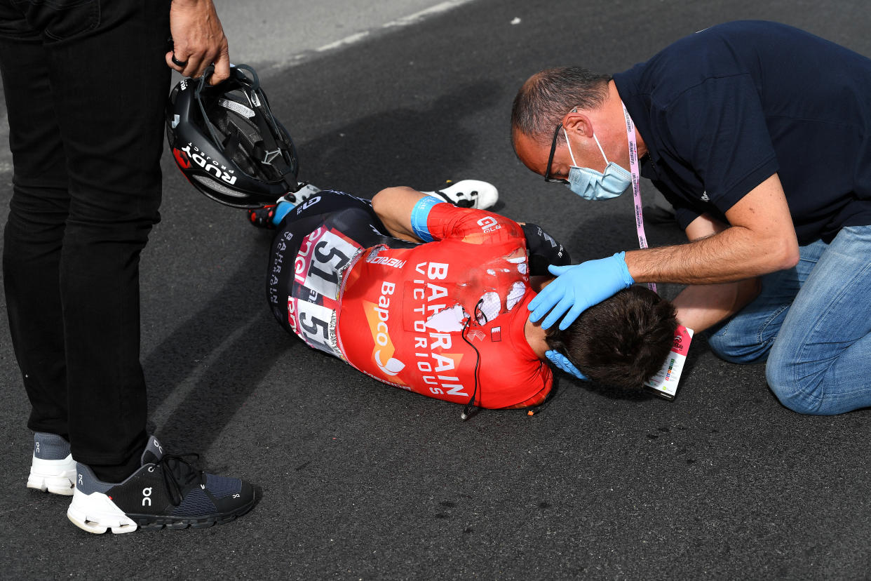 CATTOLICA, ITALY - MAY 12: Mikel Landa Meana of Spain and Team Bahrain Victorious are involved in an accident and is assisted by the medical team during the 104th Giro d'Italia 2021, Stage 5 a 177km stage from Modena to Cattolica / Crash / Injury / Abandon / @girodiitalia / #Giro / on May 12, 2021 in Cattolica, Italy. (Photo by Tim de Waele/Getty Images)